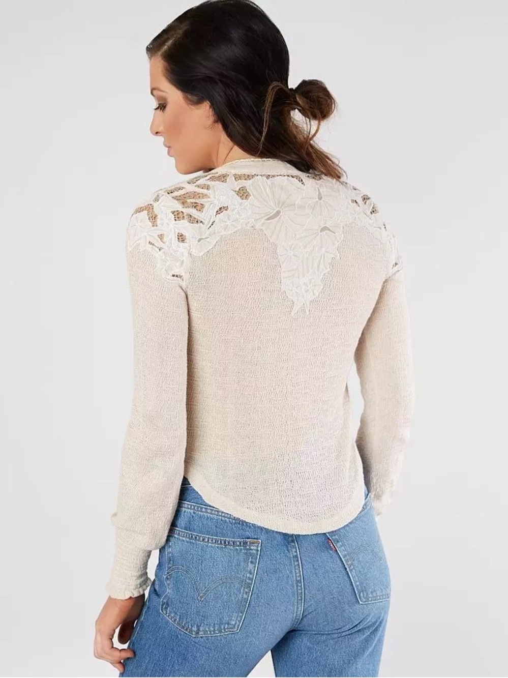 Free People East Breezy Appliqué Open Weave Henley Oatmeal XS NWT